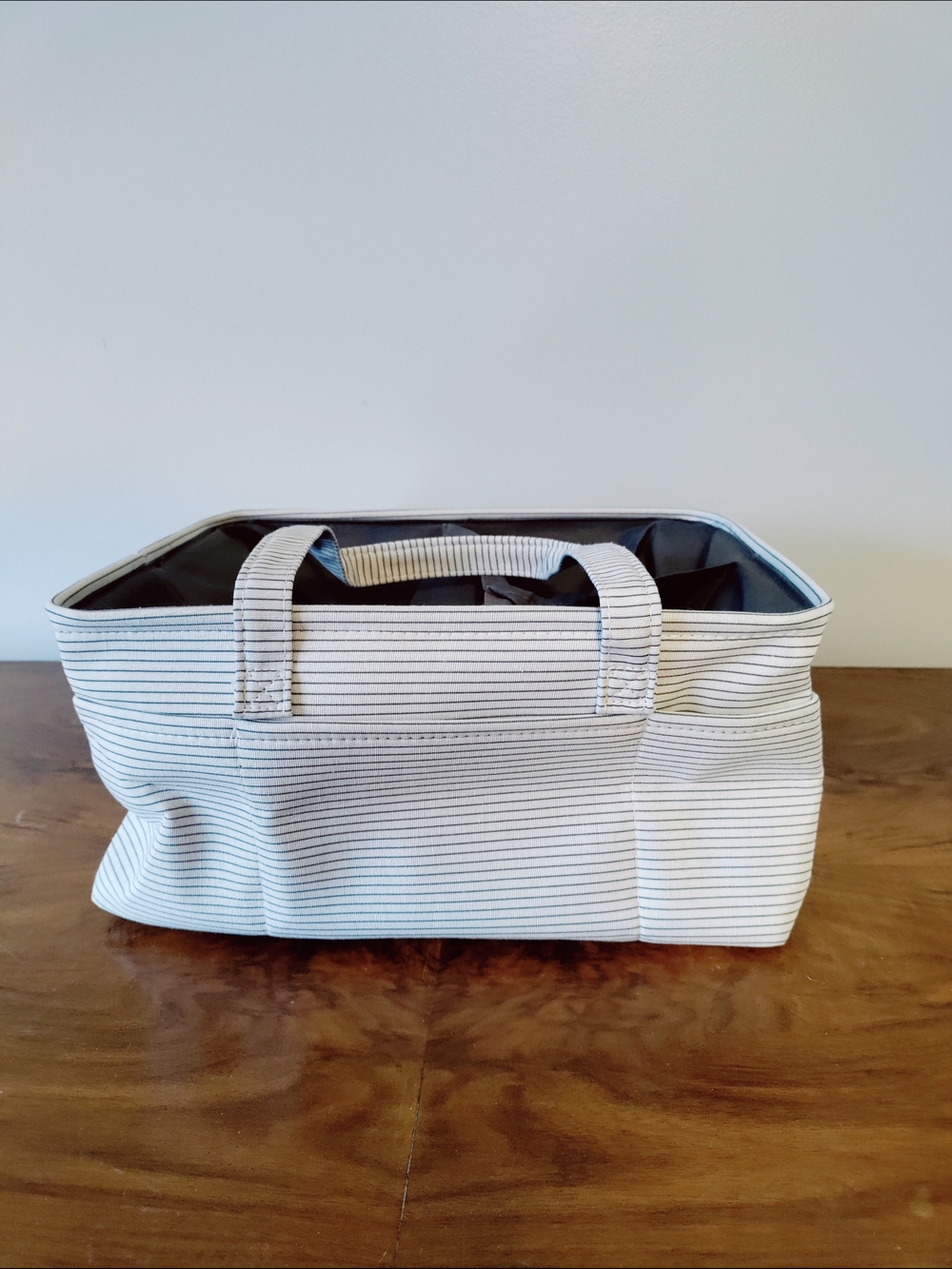 Tate+Zoey Canvas Utility Storage Tote - White with Grey Pinstripes